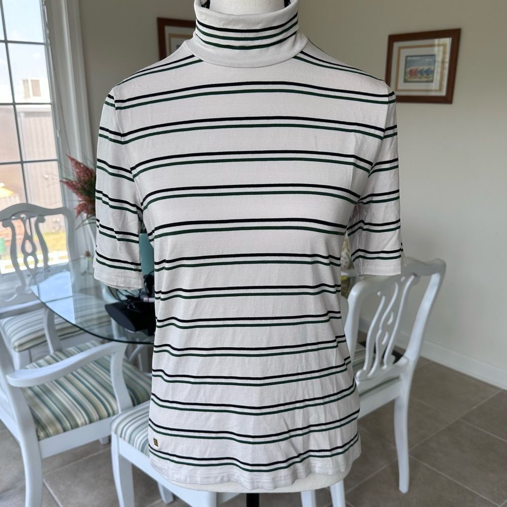 Lauren by Ralph Lauren Women’s Jersey Turtleneck Top Short Sleeve, Green stripes